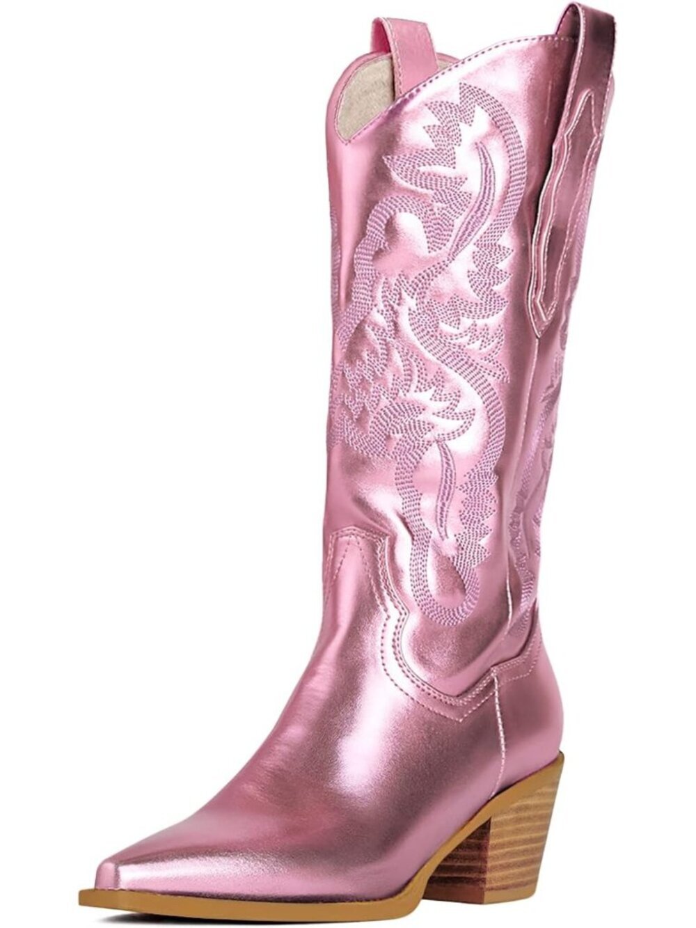 Women Metallic Hot pink Rubber Embroidered Mid-Calf Knee High Cowgirl Boots